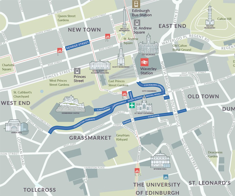 Illustration of Edinburgh city center map.