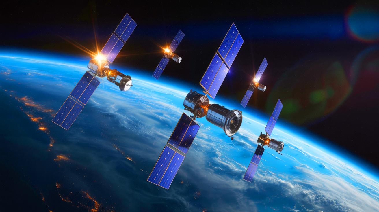 Illustration of Starlink satellites orbiting Earth during a global network outage, generated by artificial intelligence.