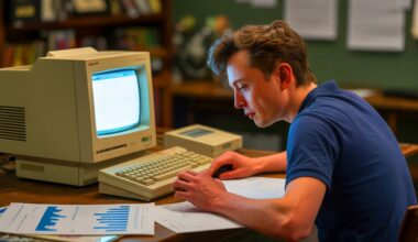 Illustration of the rediscovery of Elon Musk's early aptitude test from 1989, highlighting his formative genius, created by artificial intelligence.