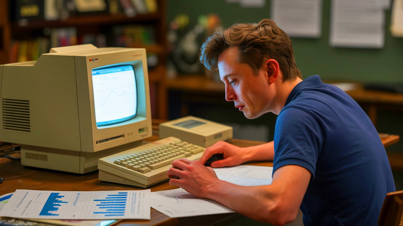 Illustration of the rediscovery of Elon Musk's early aptitude test from 1989, highlighting his formative genius, created by artificial intelligence.