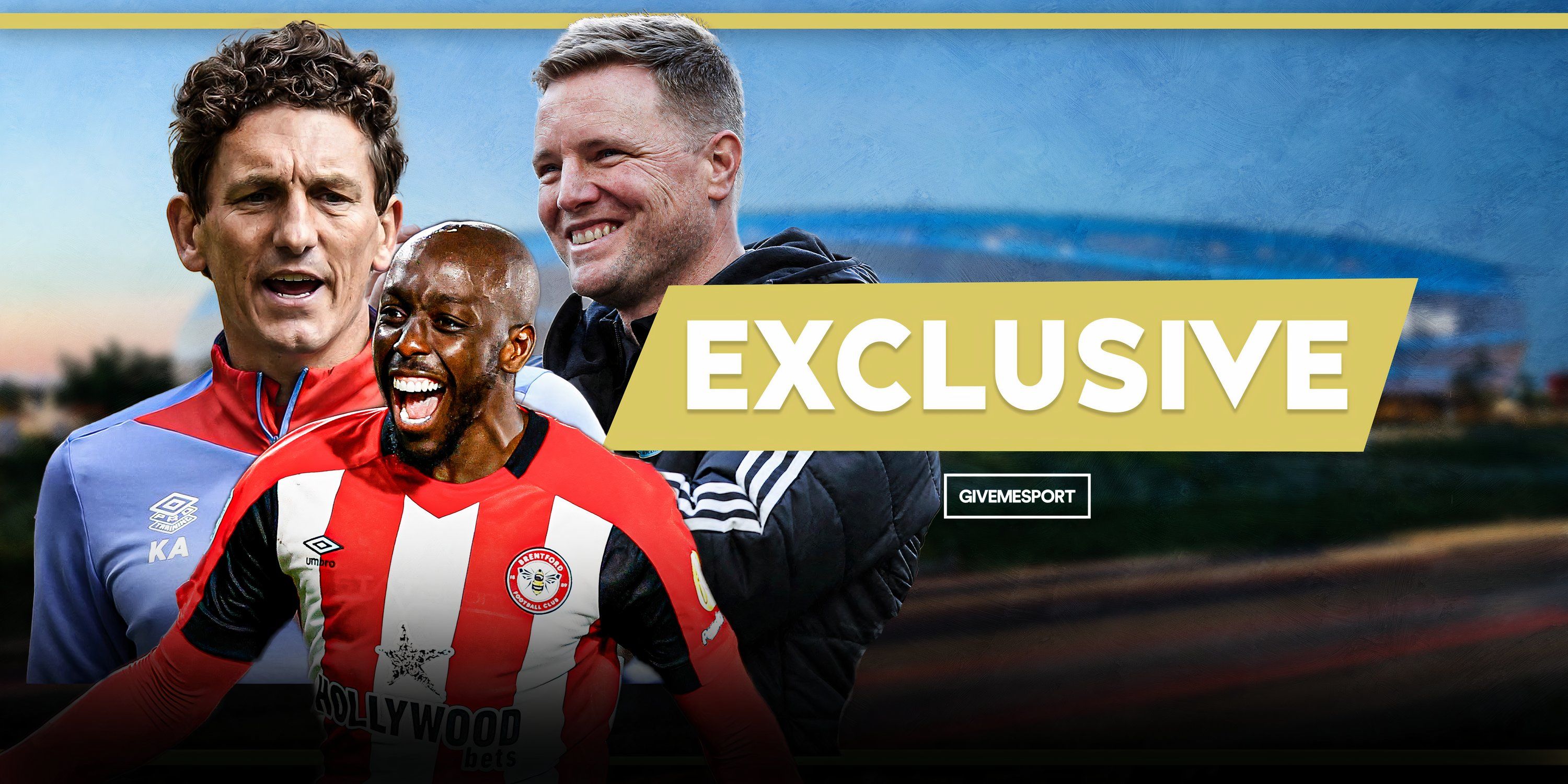 Brentford head coach Keith Andrews, striker Yoane Wissa and Newcastle United boss Eddie Howe