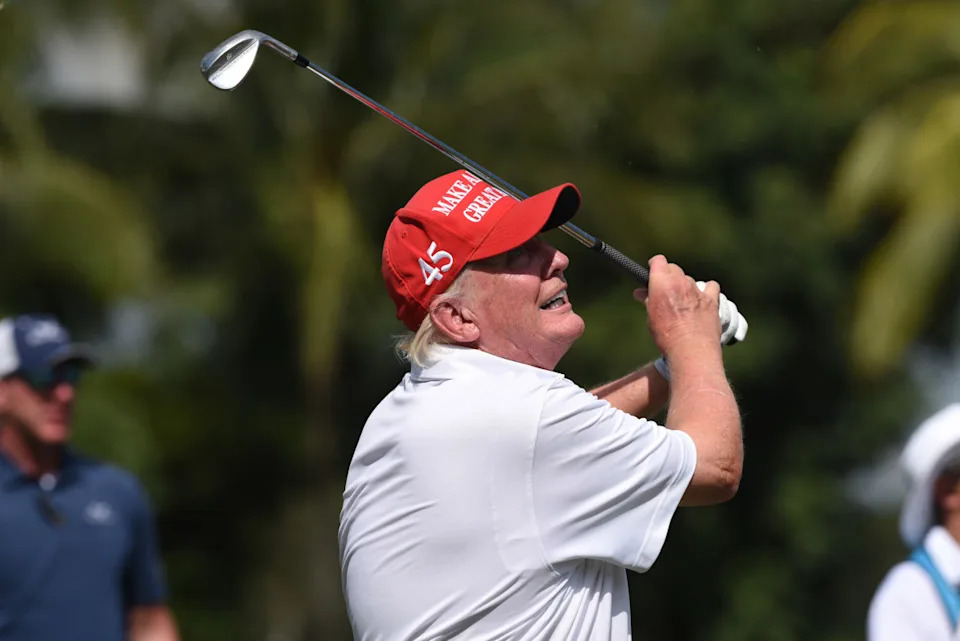 DORAL, FL - OCTOBER 27: Former President Donald Trump, plays in the ProAm ahead of the LIV Golf Team Championship, on October. 27, 2022, at Trump National Doral Golf Club in Doral, FL. (Photo by Michele Eve Sandberg/Icon Sportswire via Getty Images)Icon Sportswire&sol;Getty Images