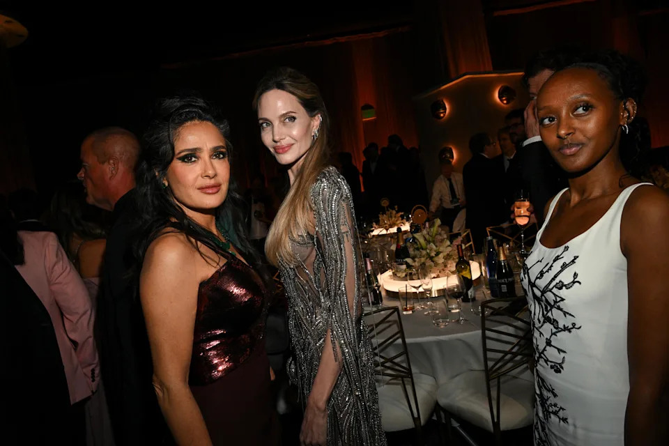 Salma Hayek, Angelina Jolie, Zahara Jolie during the 82nd Annual Golden Globes held at The Beverly Hilton on January 05, 2025 in Beverly Hills, California.