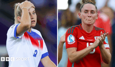 A split graphic of England's Alessia Russo and Wales' Rachel Rowe looking dejected after their opening-game defeats at Euro 2025