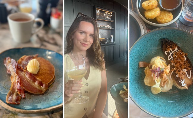 woman with wine glass and plates of food