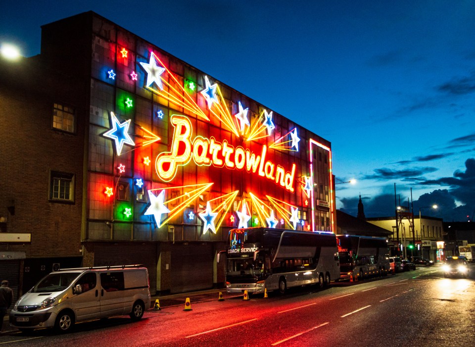 Illuminated Barrowlands Ballroom facade at night.