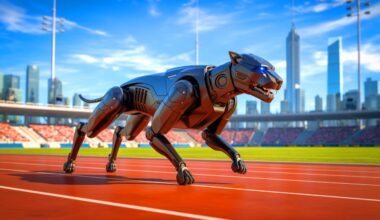 Illustration of the Black Panther II robotic dog developed by Mirror Me, surpassing speed records in the robotics industry.