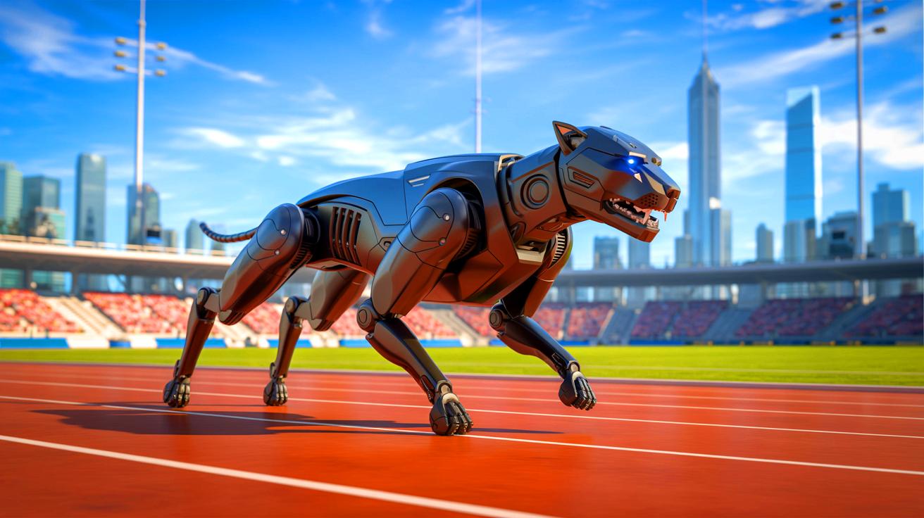 Illustration of the Black Panther II robotic dog developed by Mirror Me, surpassing speed records in the robotics industry.