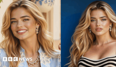 AI generated image of a woman with blonde hair wearing a blue floral top on the left and a black and white dress on the right