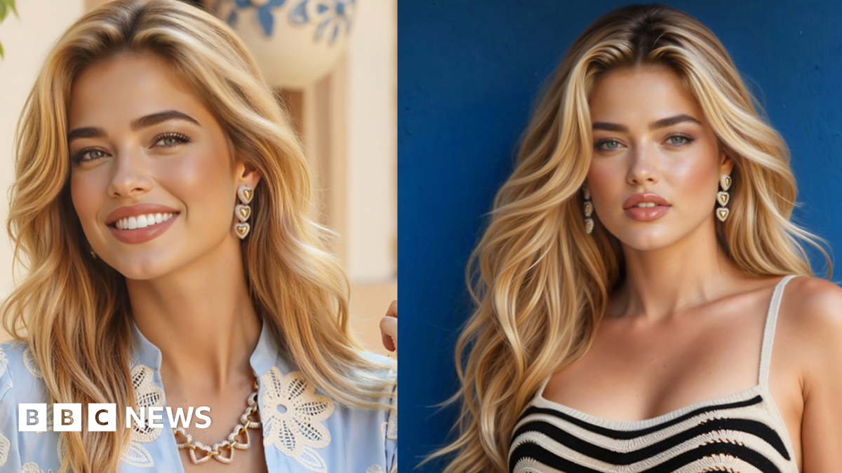 AI generated image of a woman with blonde hair wearing a blue floral top on the left and a black and white dress on the right