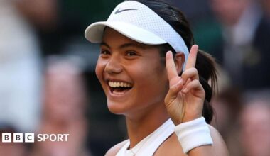 Emma Raducanu celebrates beating Marketa Vondrousova at Wimbledon