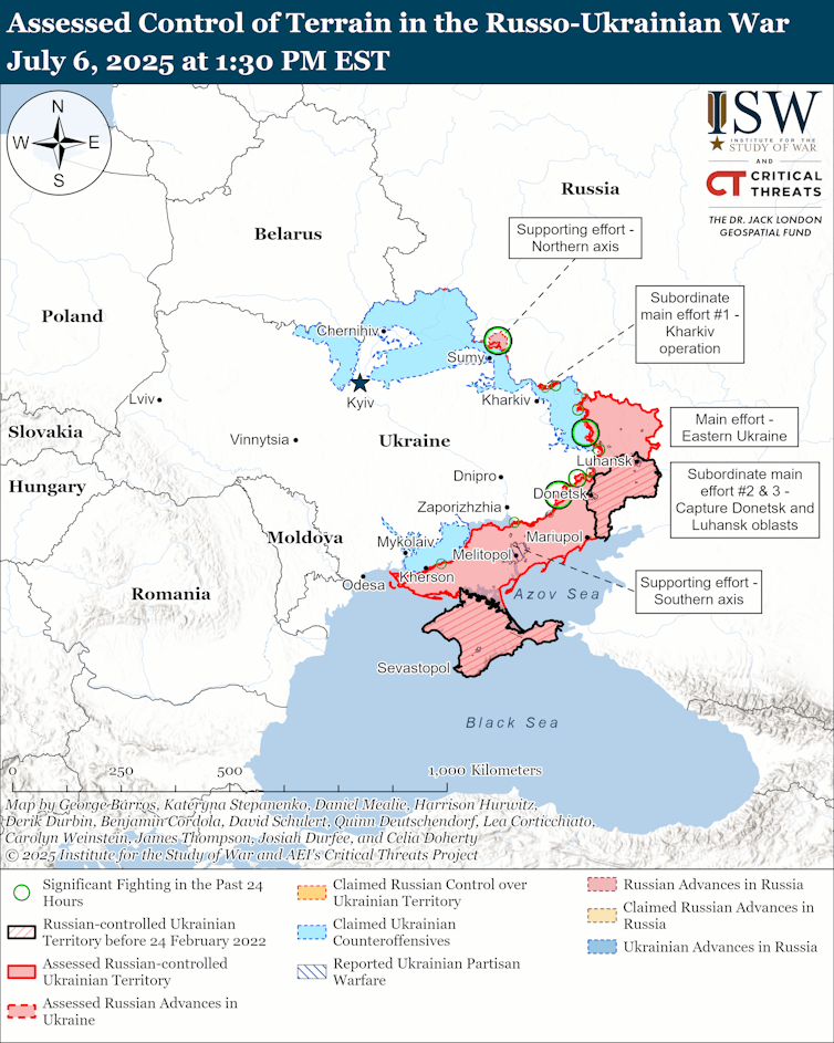 ISW map showing the state of the conflict in Ukraine, July 6 2025