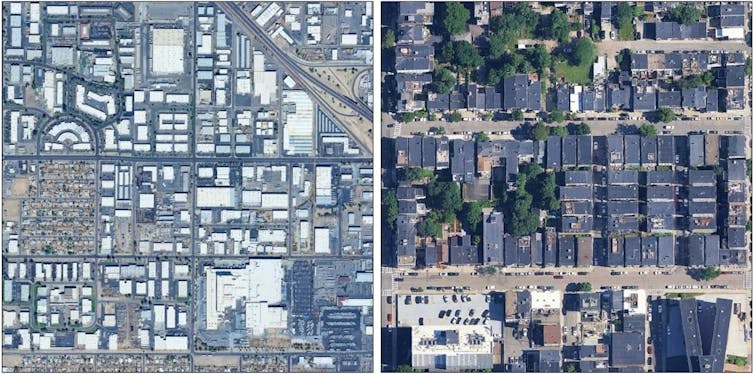Two aerial images show very different building coloring in two cities.