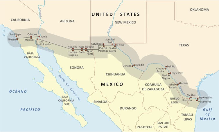 A map showing the US and Mexico border and rivers running through it.
