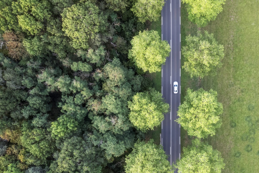 car driving on a country road in France