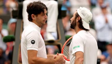 Taylor Fritz and Jordan Thompson share words on Sunday at Wimbledon.