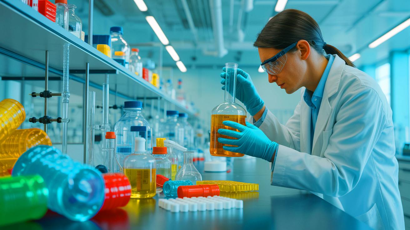 Illustration of paracetamol production from plastic waste, showcasing an innovative sustainable technology, generated by artificial intelligence.