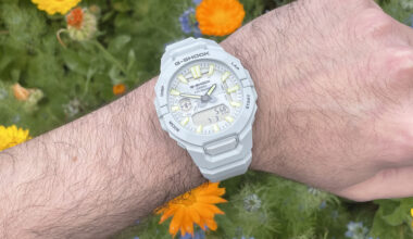Close-up of the Casio G-Shock Move GBA950 fitness-tracking smartwatch on the writer's wrist