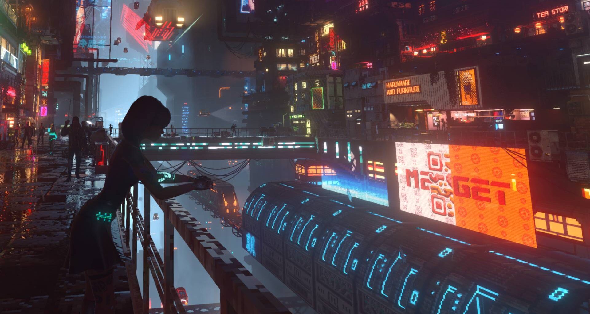 A shadowy figure looks out of a neon-lit cyberpunk city