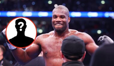 Daniel Dubois smiles after beating Anthony Joshua at Wembley Stadium with a mystery insert to his left.