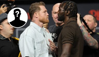 Inset: Mystery Fighter. Center: Terence Crawford faces off with Canelo Alvarez during a pre-fight press conference in June, 2025 ahead of their sup...