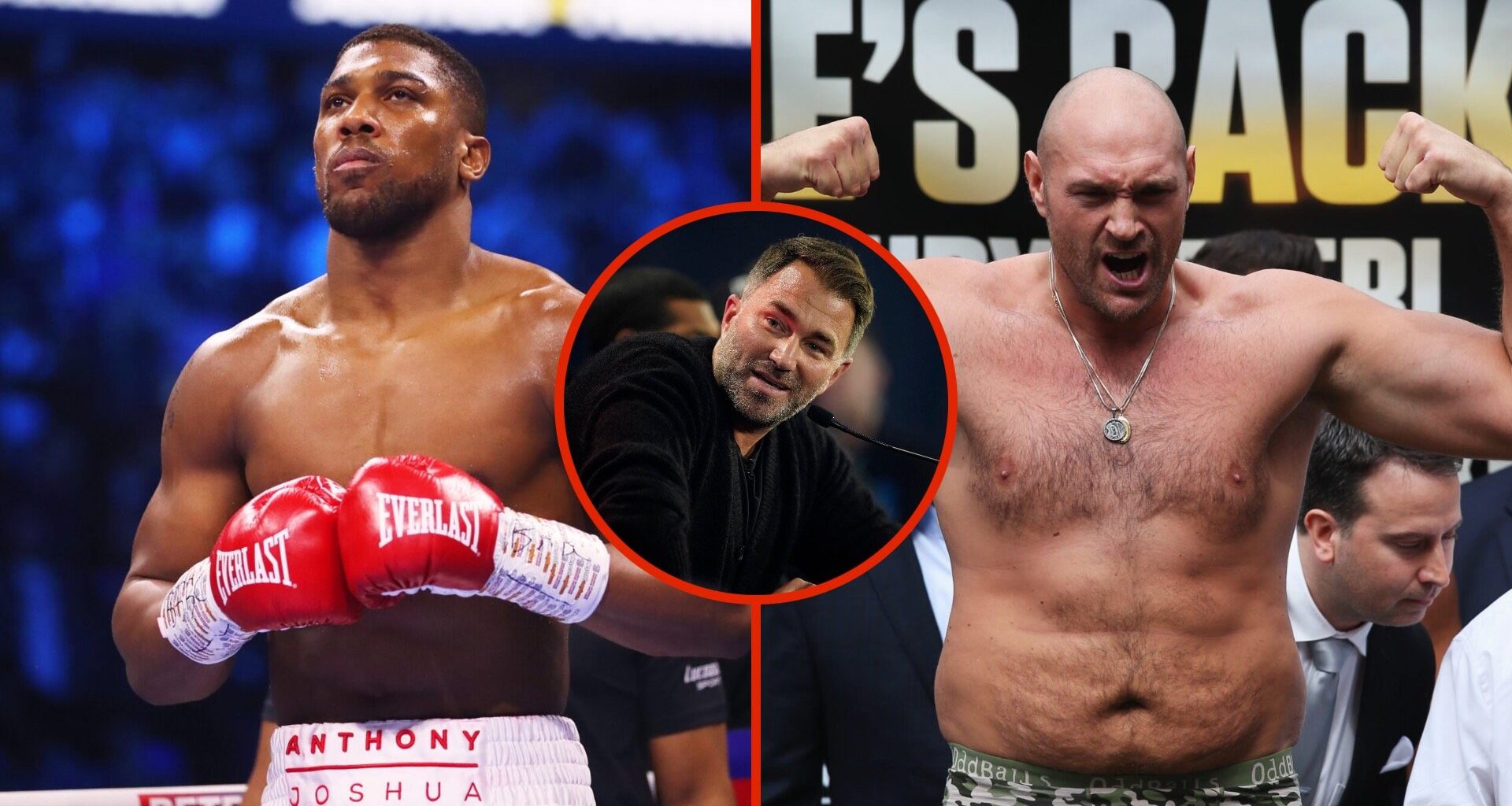 Split image of Anthony Joshua and Tyson Fury with inset of Eddie Hearn