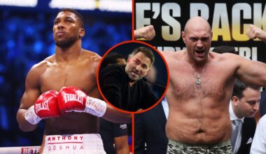 Split image of Anthony Joshua and Tyson Fury with inset of Eddie Hearn