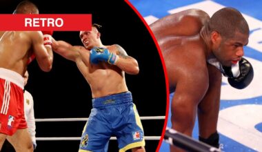 Oleksandr Usyk lands a straight left hand on Joe Joyce during their World Series amateur bout split with Daniel Dubois taking a knee after Joyce fr...
