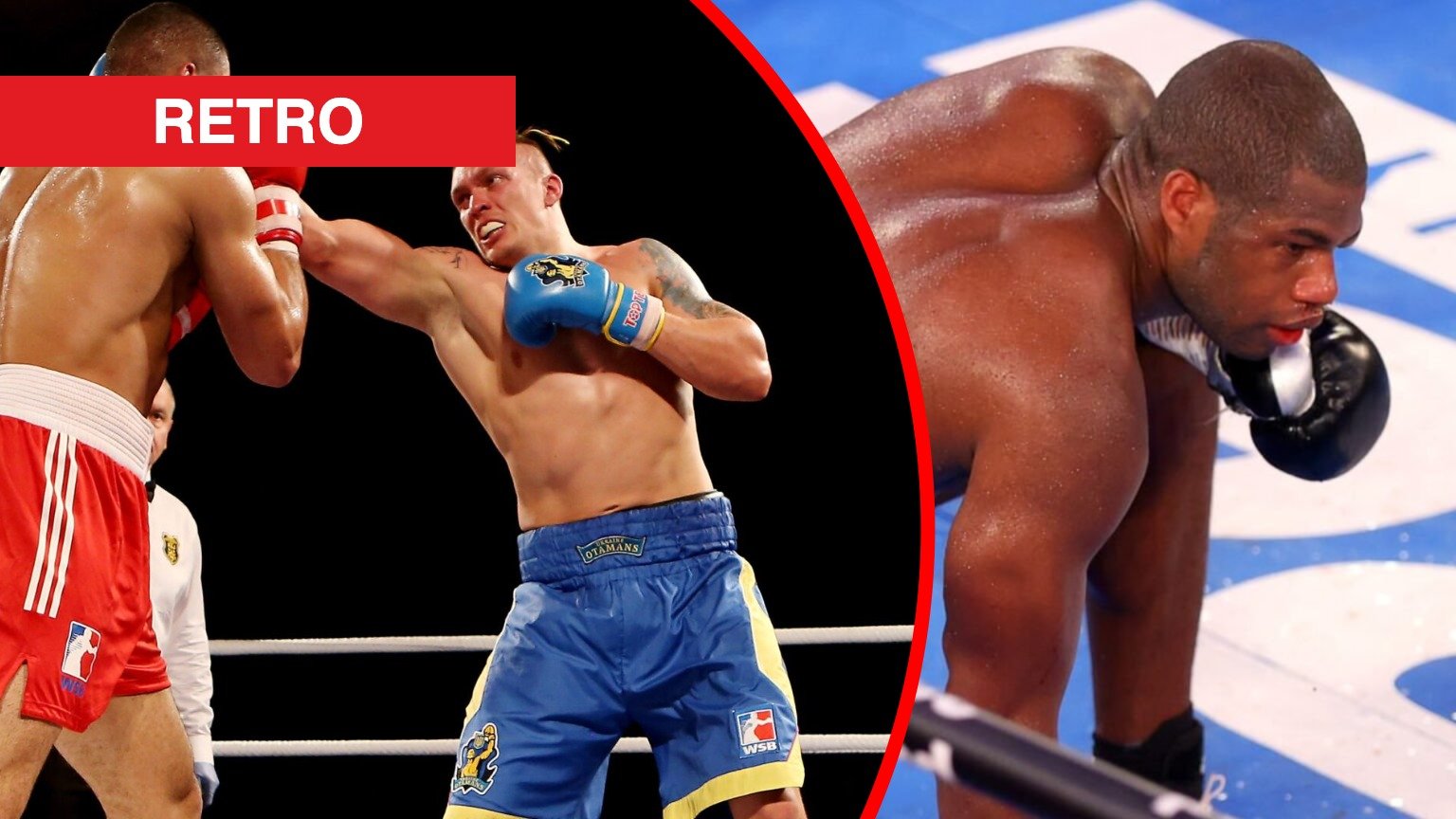 Oleksandr Usyk lands a straight left hand on Joe Joyce during their World Series amateur bout split with Daniel Dubois taking a knee after Joyce fr...
