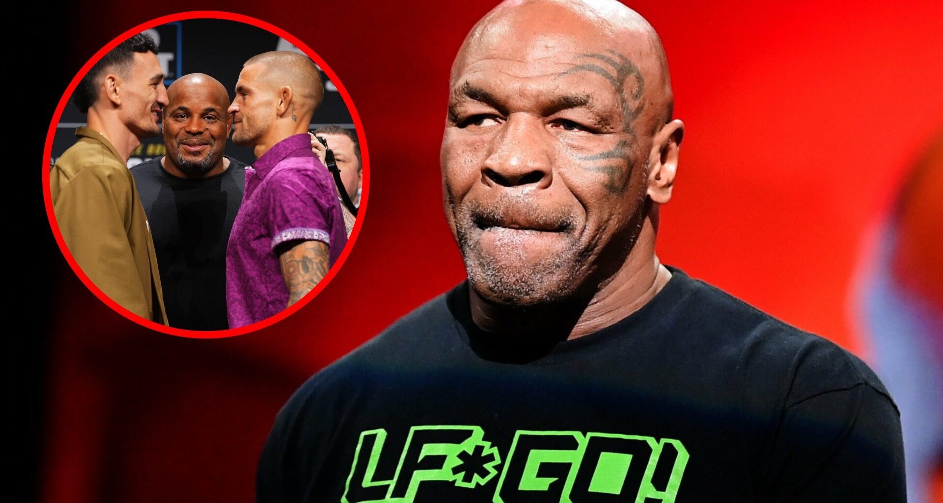 Mike Tyson at the open workout ahead of his fight with Jake Paul, inset of Max Holloway and Dustin Poirier facing off ahead of UFC 318.
