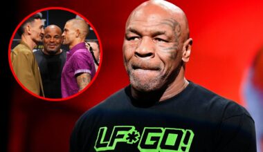 Mike Tyson at the open workout ahead of his fight with Jake Paul, inset of Max Holloway and Dustin Poirier facing off ahead of UFC 318.