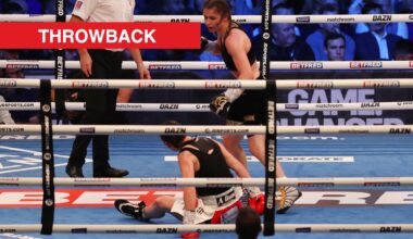 Image of Katie Taylor knocking down Jennifer Han with throwback label.