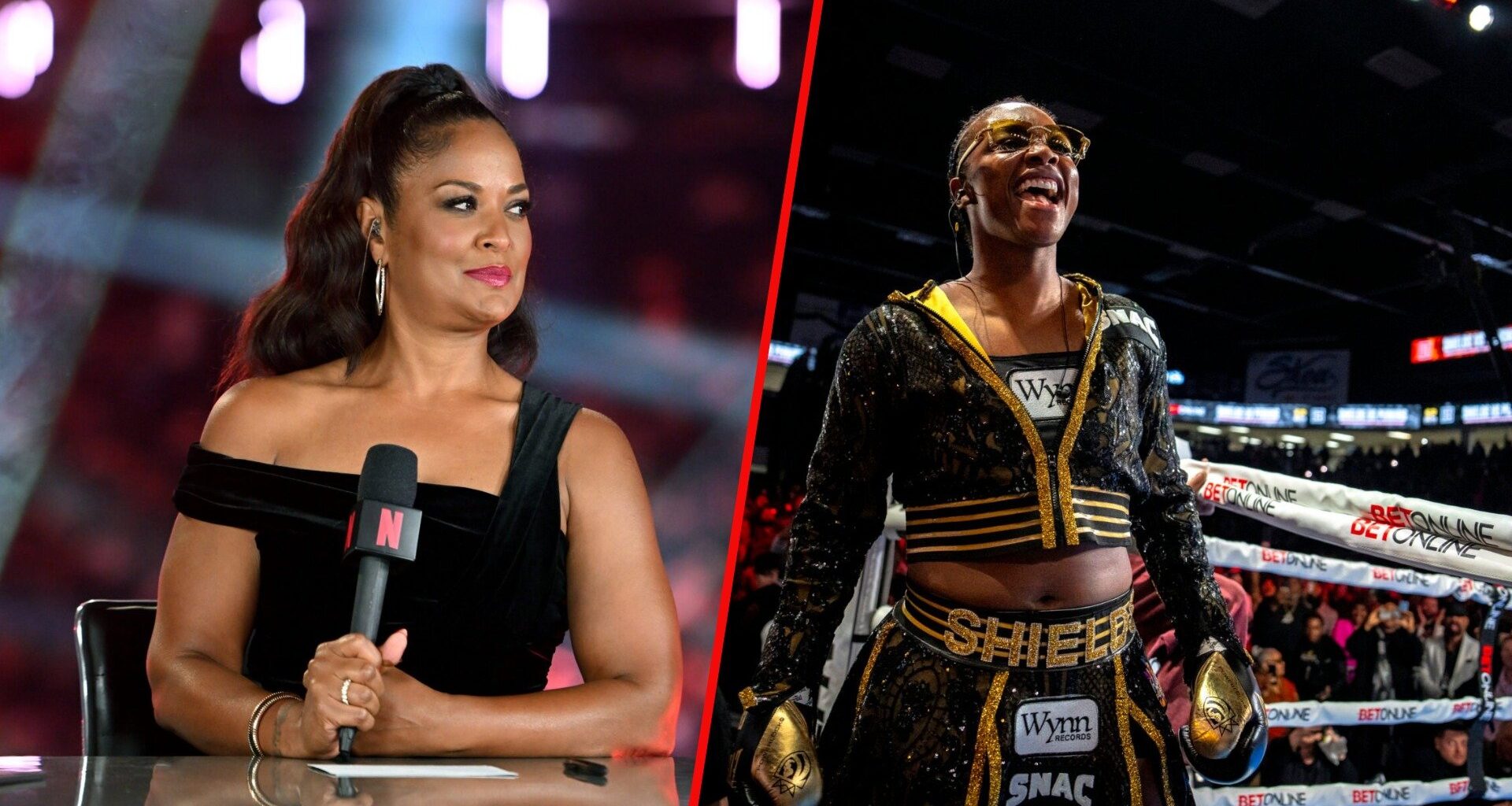 Laila Ali doing Netflix analysis in a black dress (left), Claressa Shields in boxing ring walk gear including green glasses celebrating at ringside...