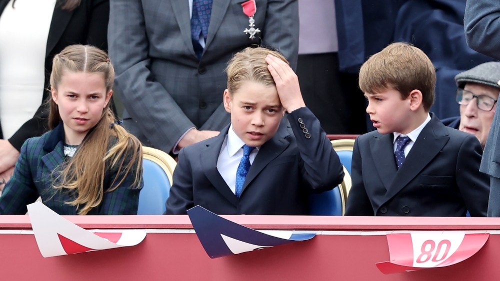 LONDON, ENGLAND - MAY 06: Princess Charlotte, Prince George of Wales and Prince Louis of Wales during the military procession to mark the 80th anniversary of VE Day on May 05, 2025 in London, England. The King and Queen, joined by Members of the Royal Family, will take part in events from May 5th to May 8th to commemorate the 80th anniversary of VE Day, which signalled the end of the Second World War in Europe. (Photo by Chris Jackson/Getty Images)