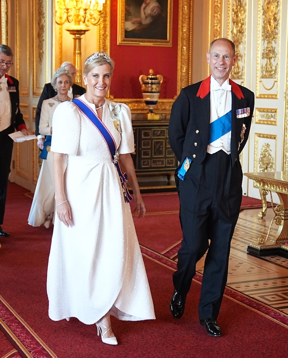 windsor, england july 8: prince edward, duke of edinburgh and sophie, duchess of edinburgh arrive for the state banquet for president of france emmanuel macron and his wife brigitte macron, at windsor castle on july 8, 2025 in windsor, england. president emmanuel macron and mrs brigitte macron visit the uk in the first visit state visit made by france in 17 years. they are staying at windsor castle, hosted by king charles iii and queen camilla, and a banquet will be held there in their honour. the macrons will visit imperial college, and the president will address parliament during his stay. (photo by aaron chown pool/getty images)