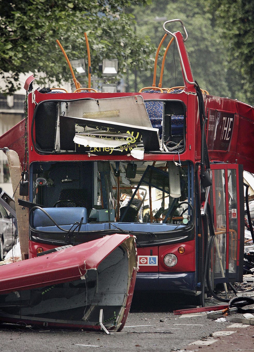 london july 08: a view of the bus destroyed by a bomb in woburn place on july 8, 2005 in london. up to 50 people were killed and 700 injured during morning rush hour terrorist attacks yesterday. (photo by peter macdiarmid/getty images)