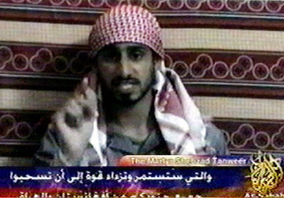 , : a video grab taken 06 july 2006 from the qatar based news channel al jazeera shows shehzad tanweer, one of the suicide bombers who attacked londons transport system last july 7. the al jazeera broadcast was taken from a video produced by the al qaeda linked media group as sahab. afp photo/al jazeera qatar internet out (photo credit should read /afp via getty images)