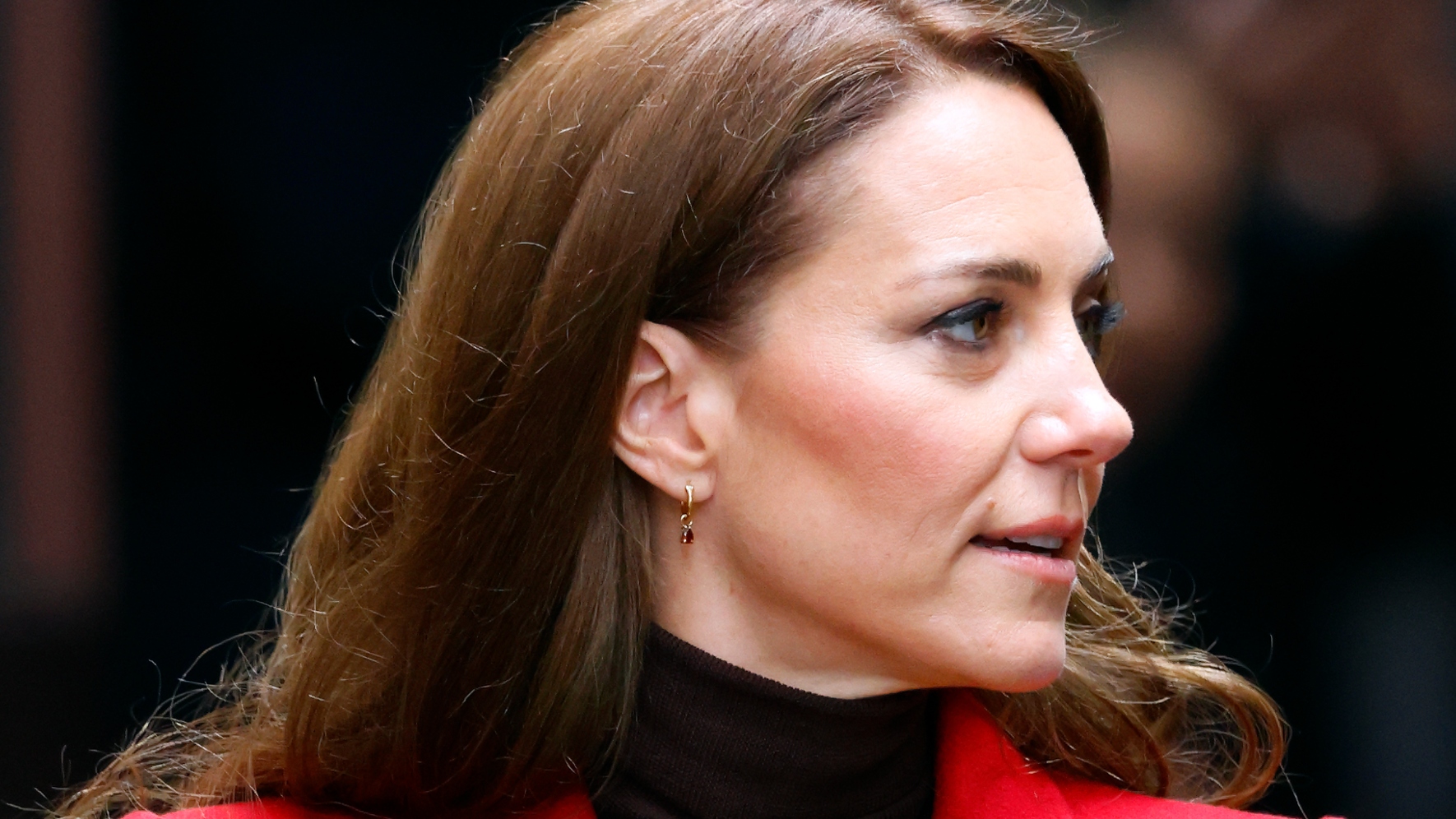 A close-up picture of the Princess of Wales's garnet earrings during a visit to Wales in 2025