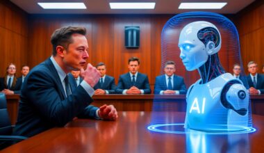 Illustration of Elon Musk's legal battle with OpenAI over artificial intelligence development. Image generated by AI.