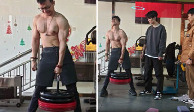 Split image of Liu Weiqiang lifting weights with one finger
