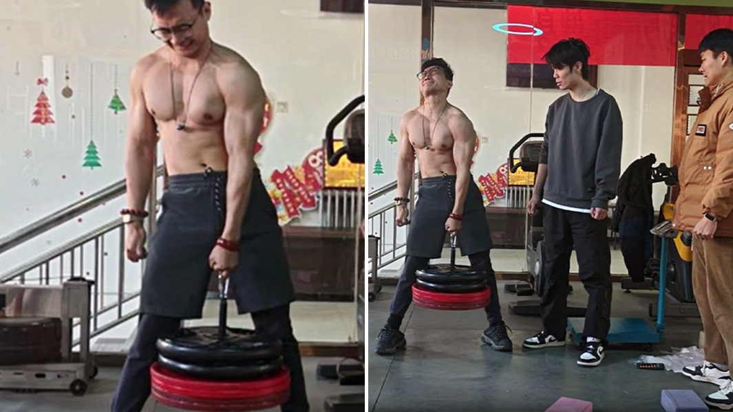 Split image of Liu Weiqiang lifting weights with one finger