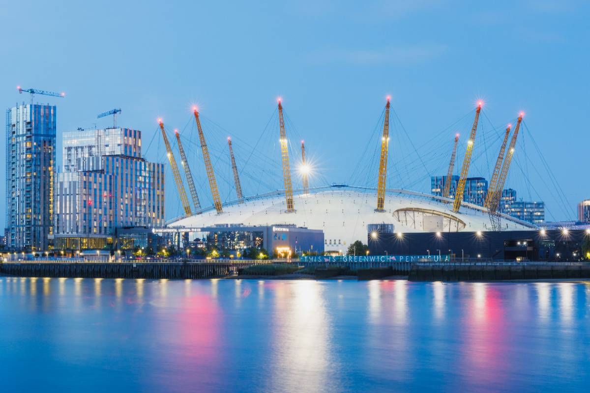 The outside of the o2 Arena with a shot of The Thames