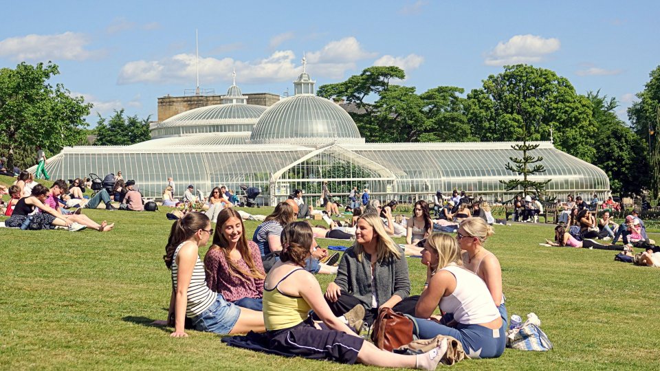 People relaxing on a grassy lawn in front of a large glass greenhouse.