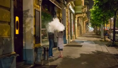 a photograph of two people standing outside on a street in a cloud of smoke