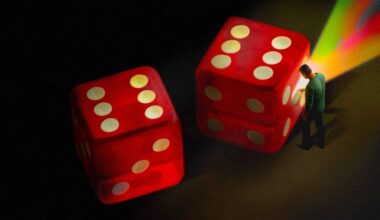 Illustration of two dice with the six sides facing up and a man removing a white dot from the five on the side of one die. A rainbow light is coming out of the hole.