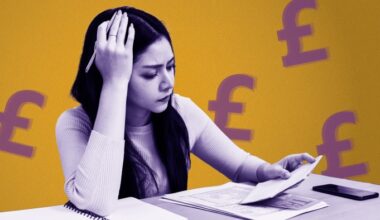Montage image of a woman reviewing her personal financial papers with pound signs in the background