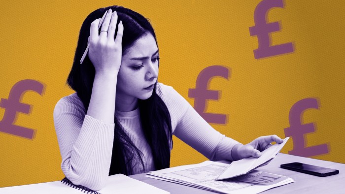 Montage image of a woman reviewing her personal financial papers with pound signs in the background