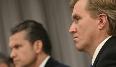 Elbridge Colby, right, with US defence secretary Pete Hegseth during a meeting with ministers of Peru in Washington in May