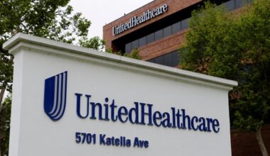 UnitedHealthcare’s logo on a sign outside its office in Cypress, California