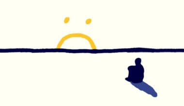 Ben Hickey illustration of a person watching the sun, which is depicted as an unhappy face, sinking below the horizon
